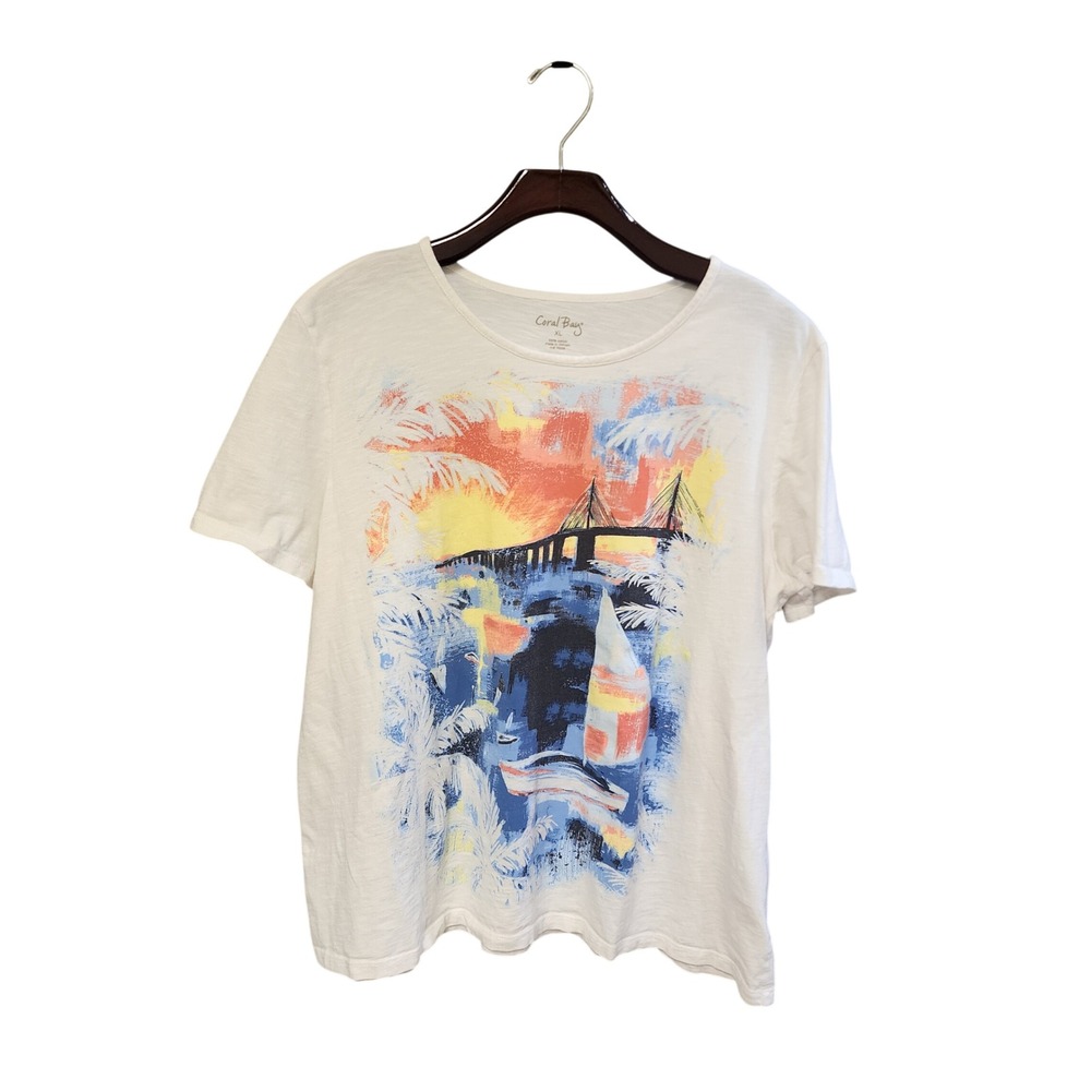 Coral Bay Women XL White Tropical Sailboat Graphic Tee Cotton Short Sleeve Shirt